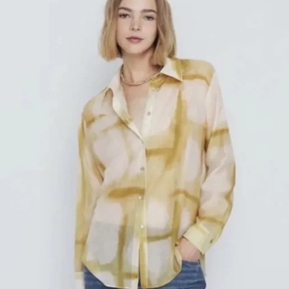 Massimo Dutti Button Front Blouse Mulberry Silk Cotton Chartreuse Tie Dye Size 6